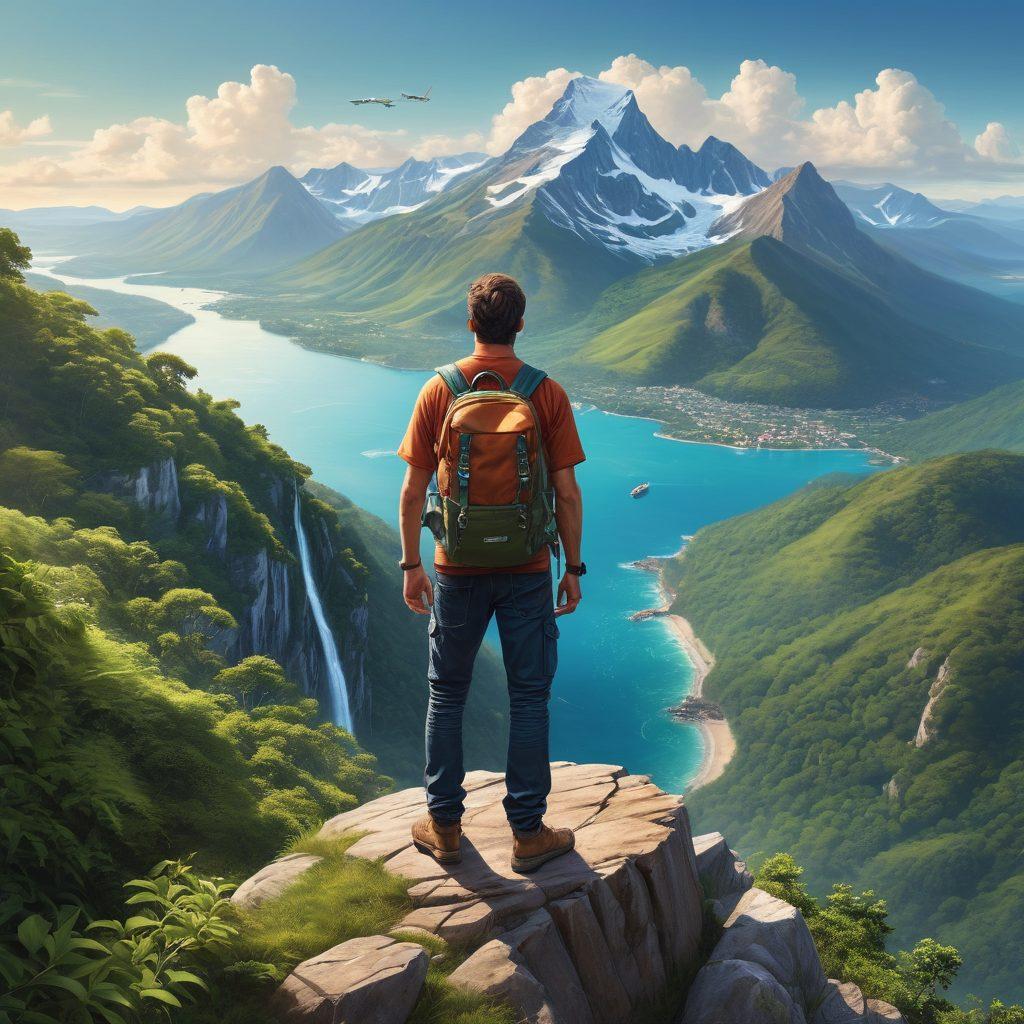 A vibrant illustration of a traveler with a backpack, standing on top of a mountain peak, overlooking a scenic view of diverse landscapes like forests, oceans, and urban skylines. The scene is filled with travel essentials like a digital map, airplane tickets, and a shield symbol representing protection. Bright colors to evoke excitement and adventure, with an overlay of friendly travel icons like luggage and passports. super-realistic. vibrant colors.