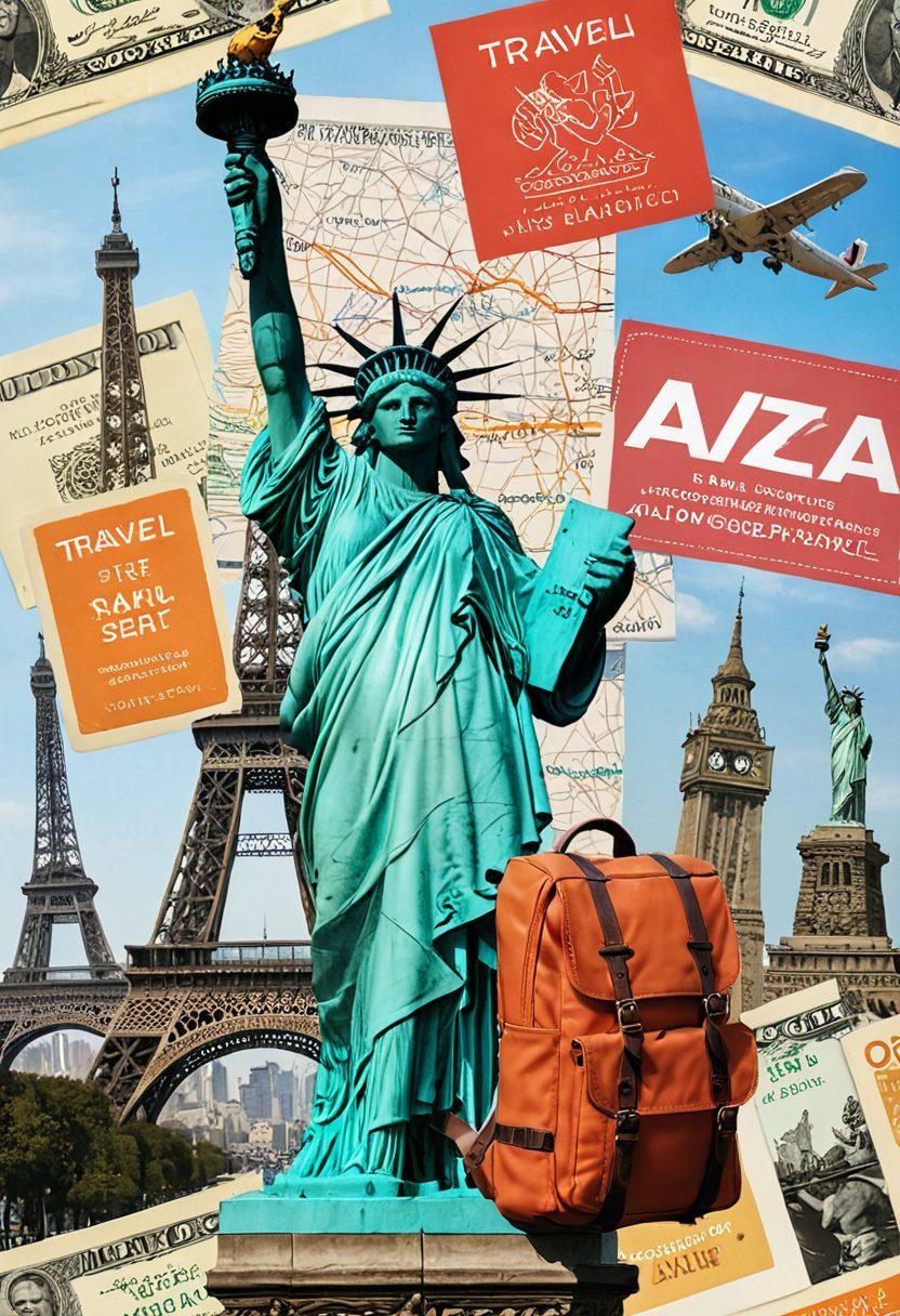 A vibrant collage featuring a happy backpacker in front of famous landmarks, holding a travel insurance document, with flight fare deals in the background, showcasing a globe, airplane, and currency symbols. Bright and colorful, emphasizing a sense of adventure and affordability. super-realistic. vibrant colors. white background.