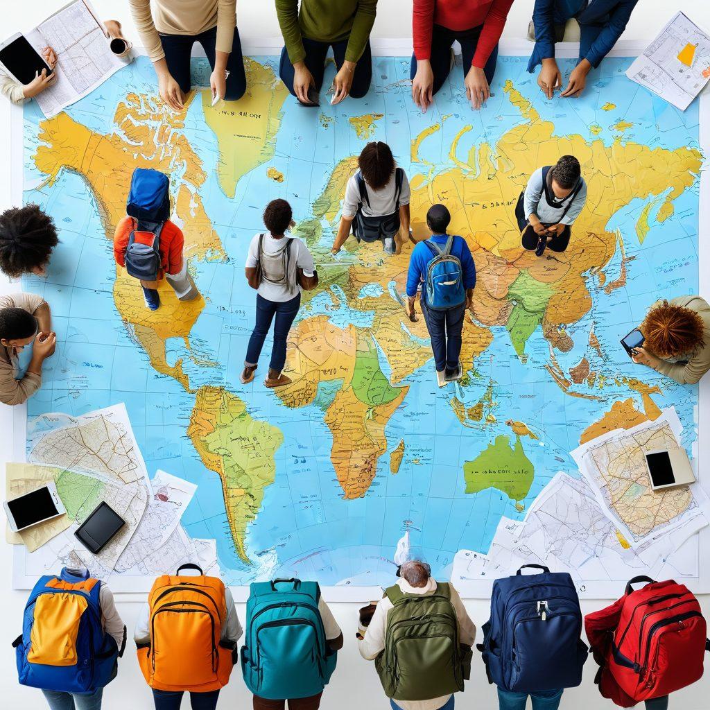 A detailed infographic showcasing various budget travel insurance options, with a diverse group of travelers examining their choices. Include icons representing safety, affordability, and adventure, surrounded by vibrant maps and travel gear. Use bright colors to create an inviting, informative scene. super-realistic. vibrant colors. dynamic composition.